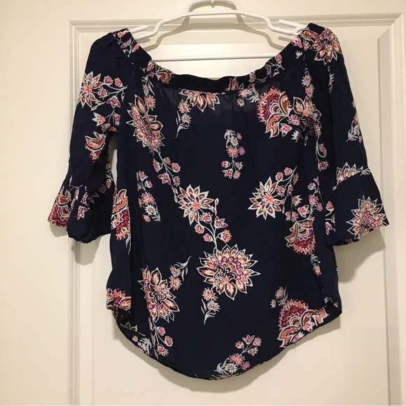 OLD NAVY Floral Blouse Flutter Bell Sleeve Off The Shoulder Navy Blue Small - Picture 6 of 7